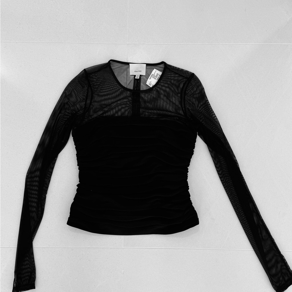 Cinq à Sept Black Mesh Ruched Blouse